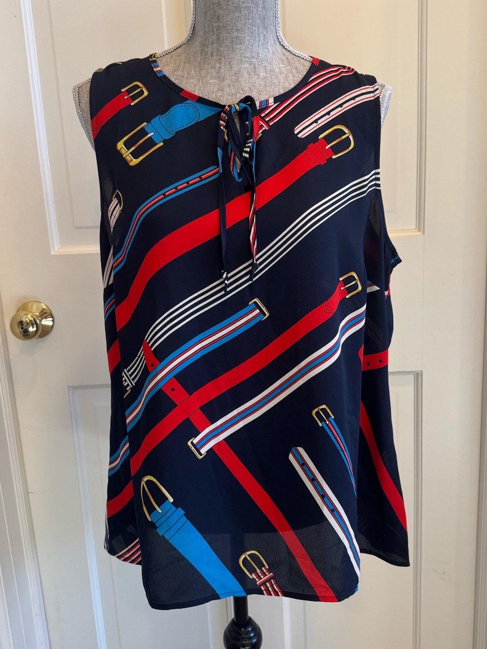 Cabi Belt-Print Sleeveless Tie-Neck Top